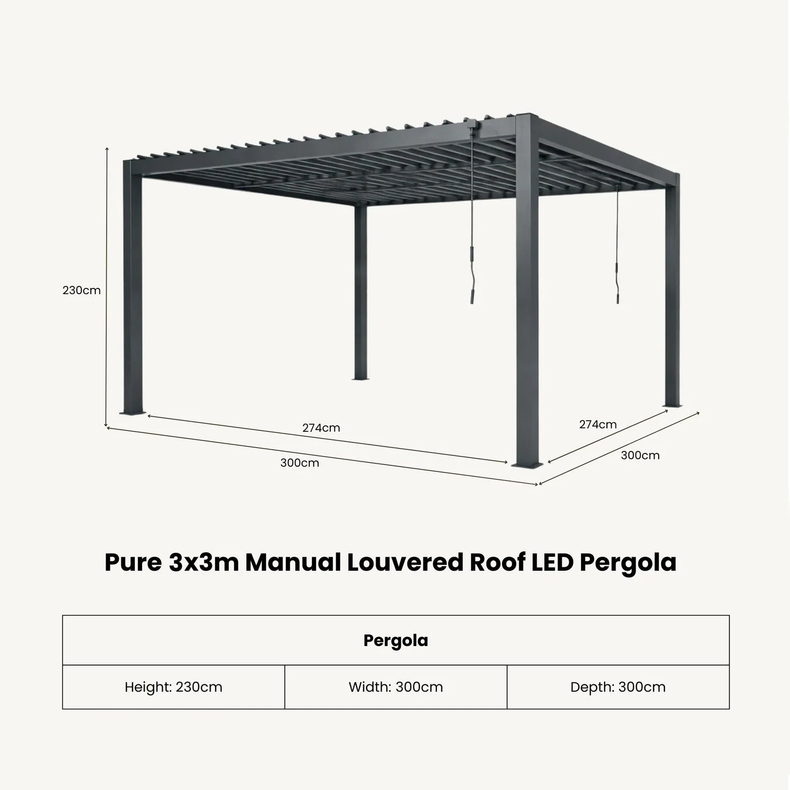 Riva LED 3x3 Pergola without blinds
